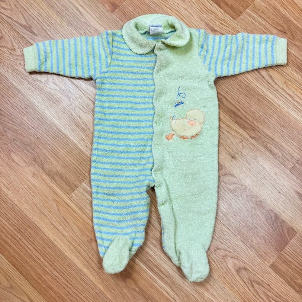 Carter's Baby One Piece Vintage Footed Terry Cloth Duck Green Snap 6-9 Mos